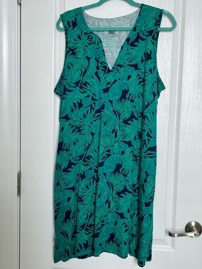 Lands' End Green and Navy Tropical Leaf V-Neck Dress